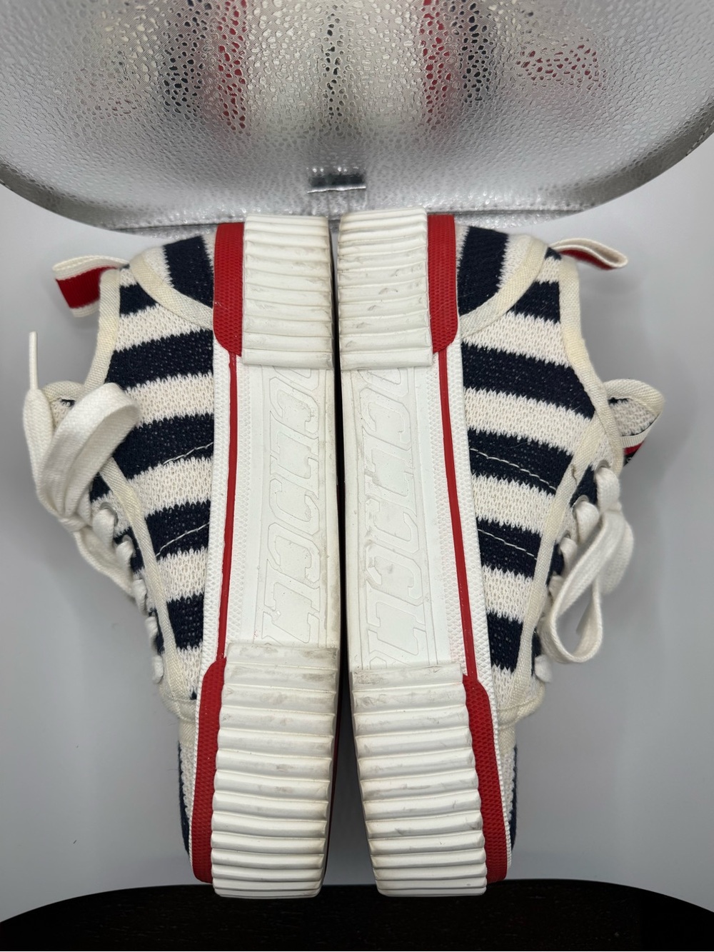 Christian Louboutin Navy & White Striped Low-Top Sneakers with Red Trim - Picture 6 of 15